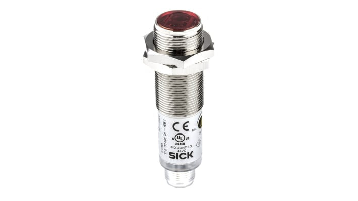 Sensore fotoelettrico cilindrico Sick VL180-2P42431, M18, rilevamento 50 mm a 7 m, IP67, alimentazione 10-30V CC.