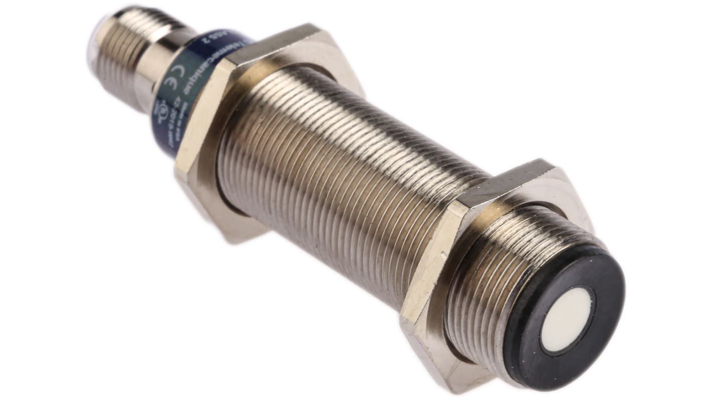 Sensore ultrasuoni cilindrico Telemecanique XXV18B1PAM12, 50mm rilevamento, 24V DC - ideale per imballaggio e movimentazione.