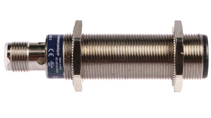 Sensore ultrasuoni cilindrico Telemecanique XXV18B1PAM12, 50mm rilevamento, 24V DC - ideale per imballaggio e movimentazione.