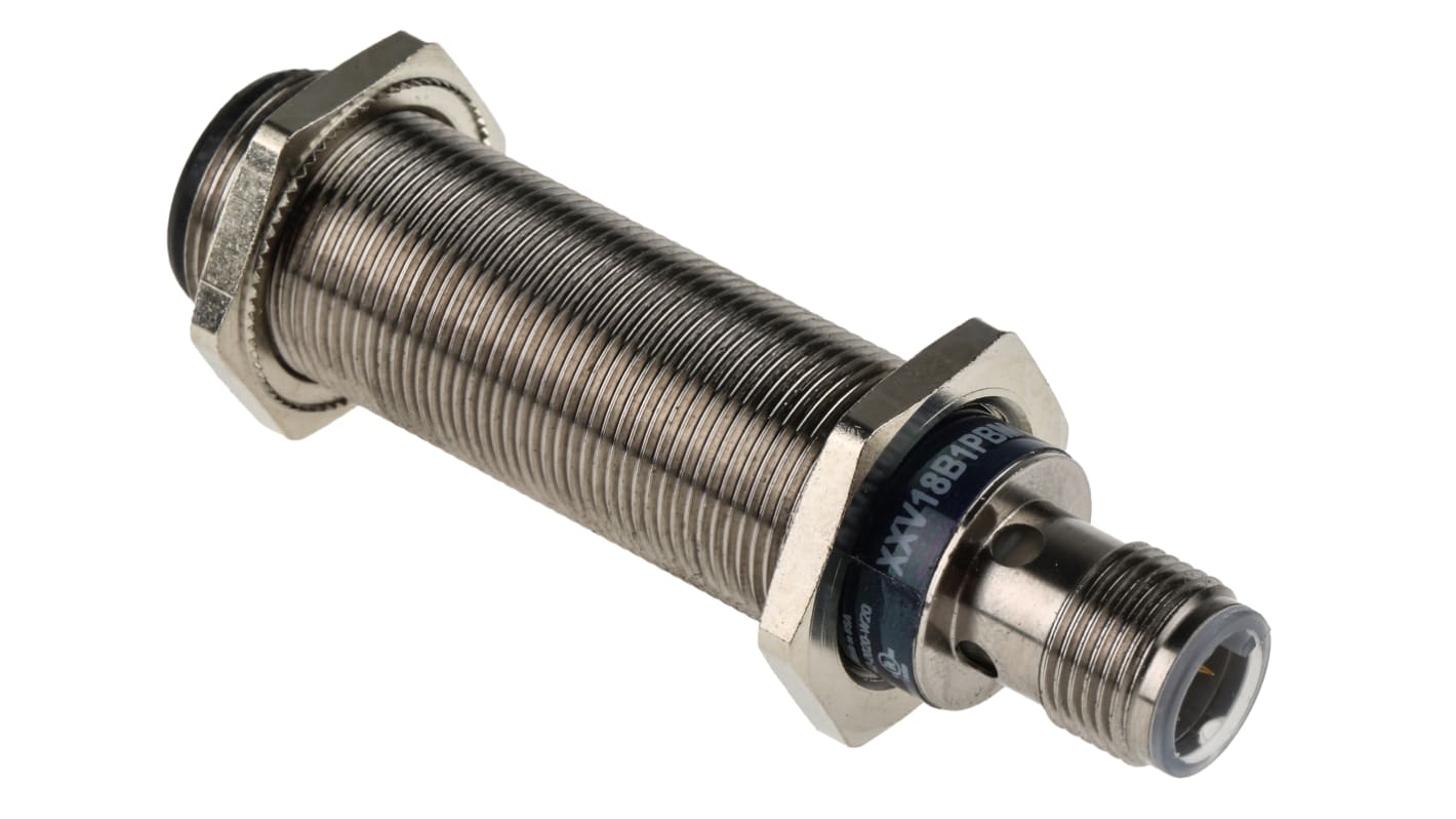 Sensore di prossimità cilindrico PNP Telemecanique Sensors XXV18B1PBM12, M18 x 1, rilevamento 3-50 mm, IP67, alimentazione 12-24 V dc.