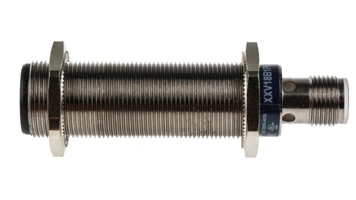 Sensore di prossimità cilindrico PNP Telemecanique Sensors XXV18B1PBM12, M18 x 1, rilevamento 3-50 mm, IP67, alimentazione 12-24 V dc.