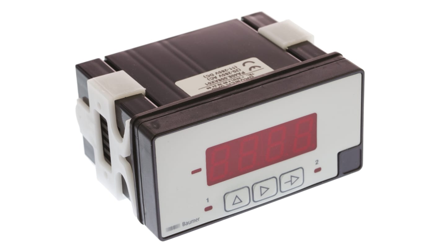 Misuratore digitale multifunzione Baumer PA408.008AX01, per pannello, con ingresso tensione fino a 200VDC e allarmi a 24VDC.