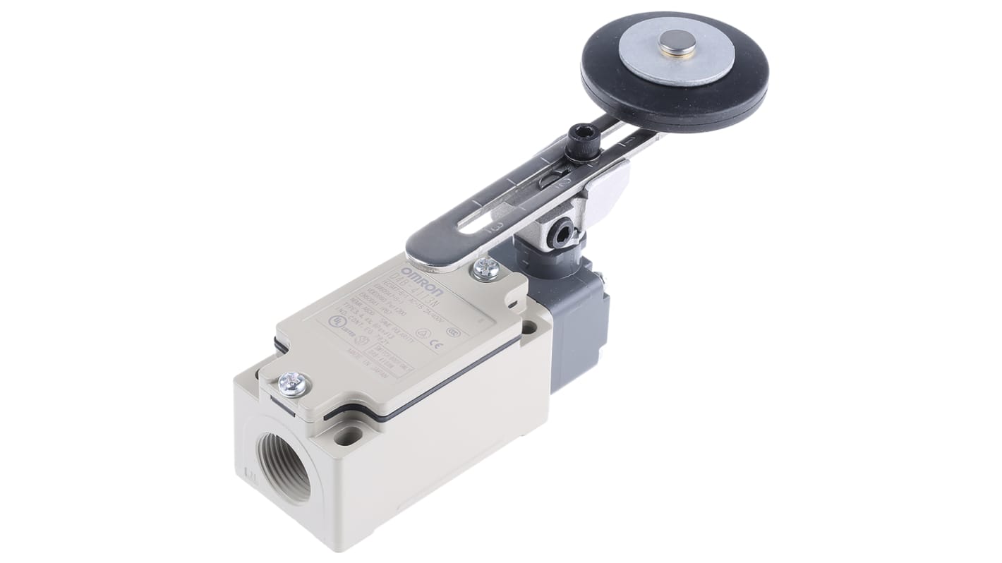 Interruttore di interblocco Omron D4B-4113N, attivazione a leva a rullo, contatti 1NO/1NC, protezione IP67, dimensioni 99.5mm x 40mm x 56mm.