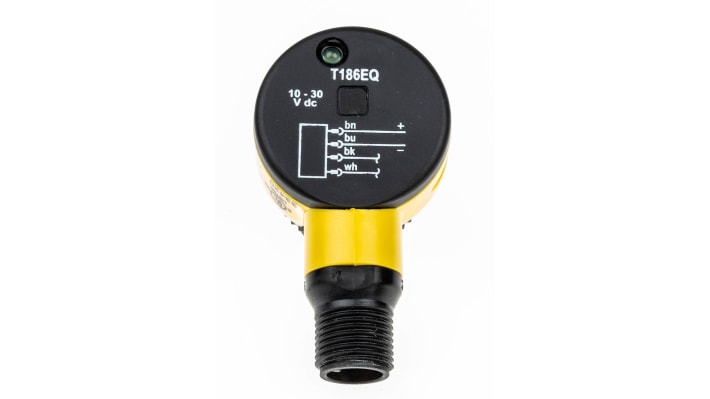 Sensore fotoelettrico cilindrico Banner T186EQ, rilevamento fino a 20 m, con connettore M12 a 4 pin, grado di protezione IP69K.