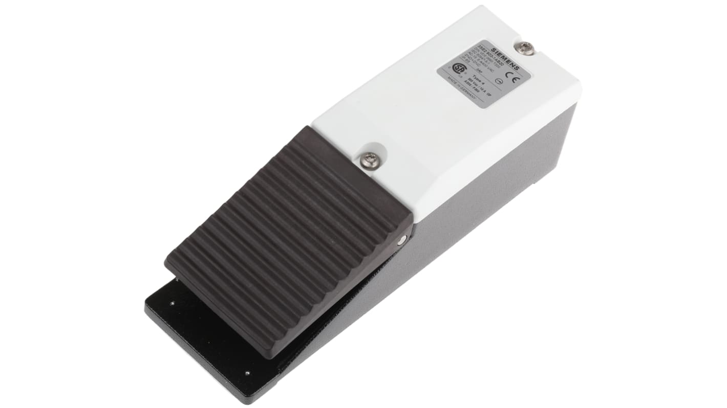 Interruttore a pedale Siemens 3SE2903-1AB20, momentaneo 2NO/2NC, IP65, alluminio, dimensioni 220 x 70 x 61 mm.