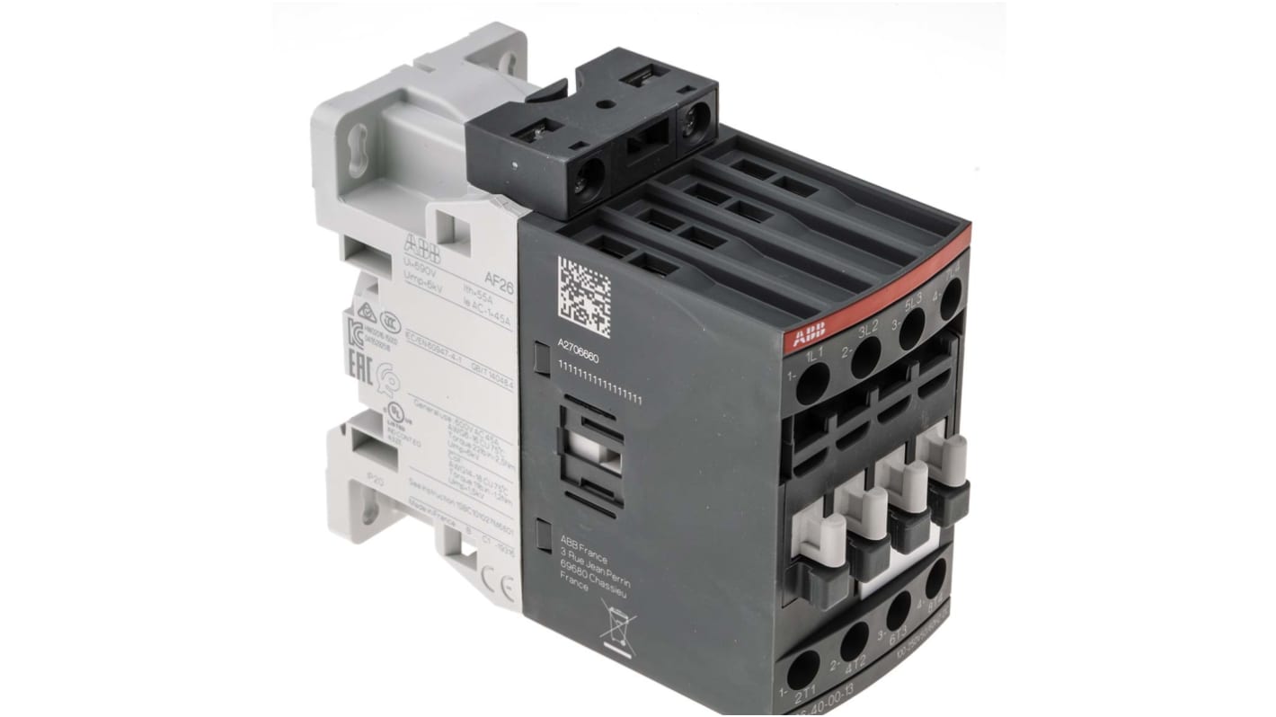 Contattore ABB 1SBL237201R1300 AF26-40-00-13, 4 poli, 45 A, bobina 230 V, dimensioni 45x86x101 mm, grado di protezione IP20.