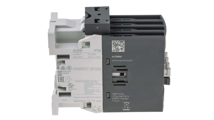 Contattore ABB 1SBL237201R1300 AF26-40-00-13, 4 poli, 45 A, bobina 230 V, dimensioni 45x86x101 mm, grado di protezione IP20.