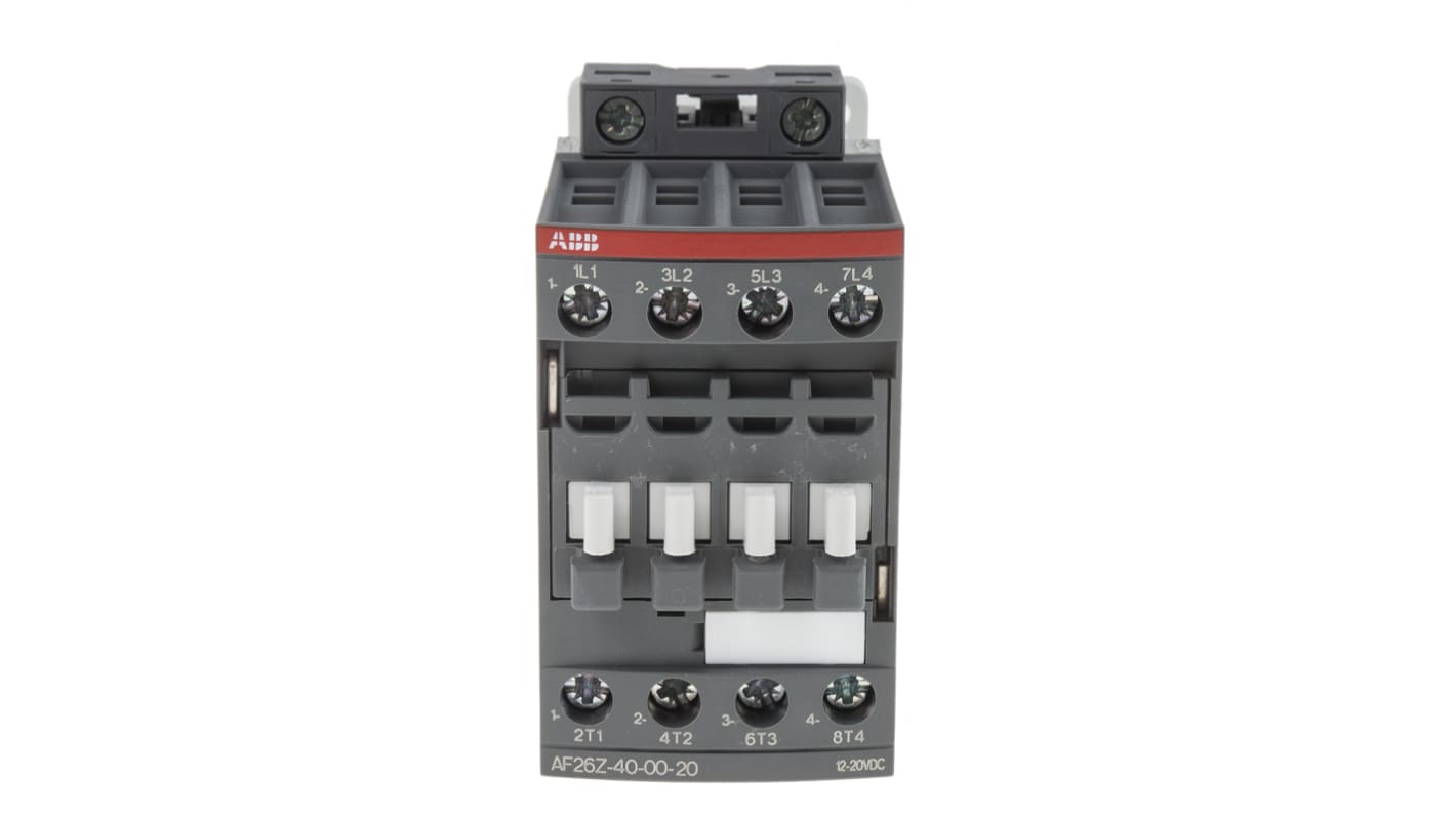 Contattore ABB 1SBL236201R2000 AF26Z-40-00-20, 4 poli, 45 A, bobina 12 V c.c., dimensioni 86x45x101 mm.