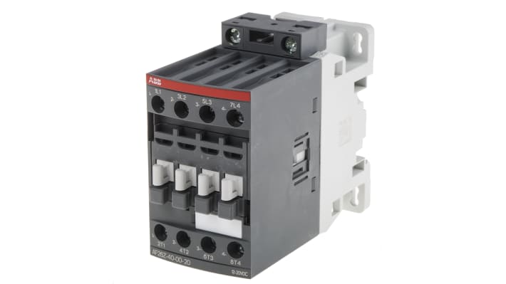 Contattore ABB 1SBL236201R2000 AF26Z-40-00-20, 4 poli, 45 A, bobina 12 V c.c., dimensioni 86x45x101 mm.
