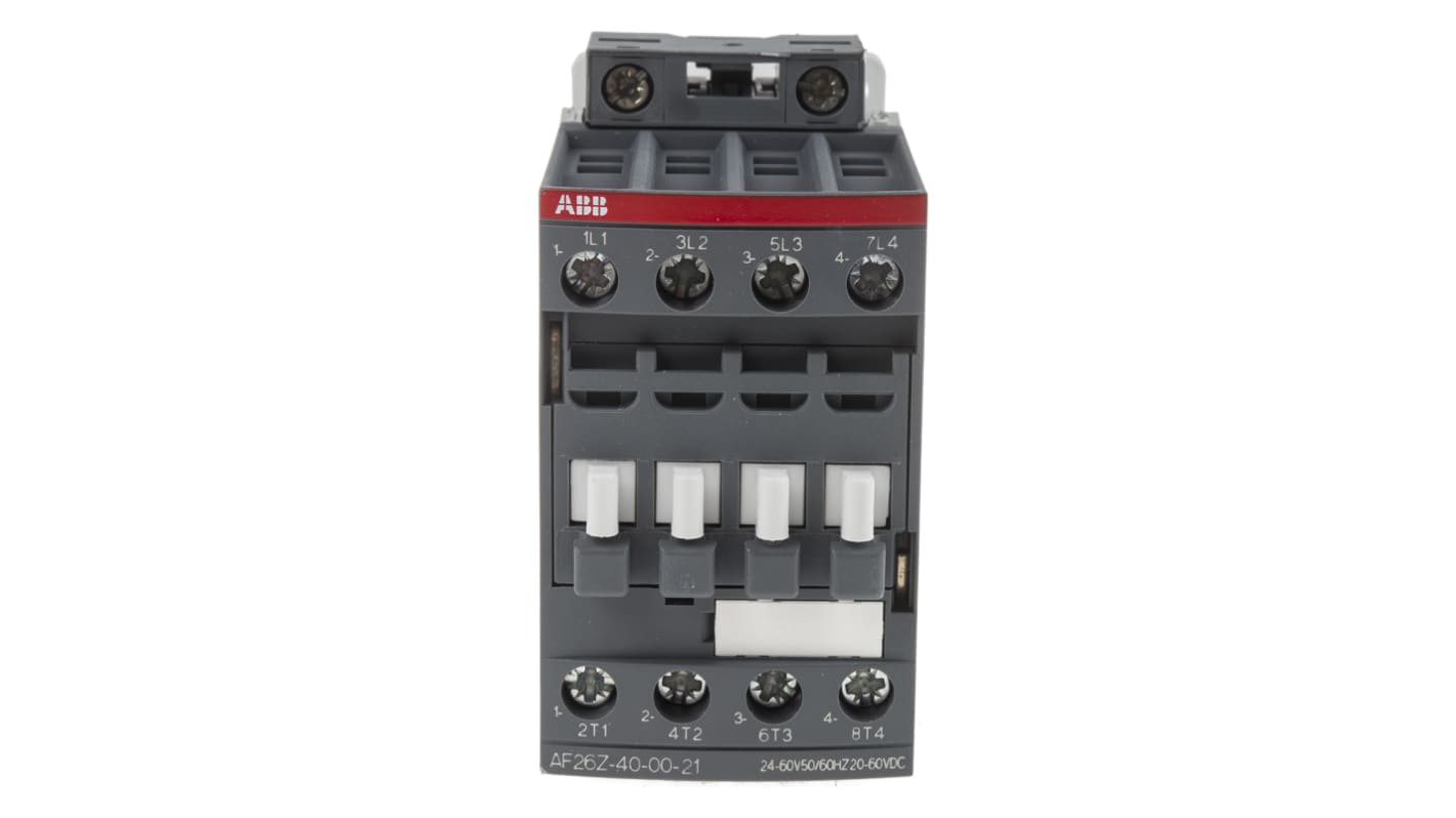 Contattore ABB 1SBL236201R2100 AF, 4 poli, 45 A, bobina 24 V, dimensioni 86x45x101 mm, protezione transitori.