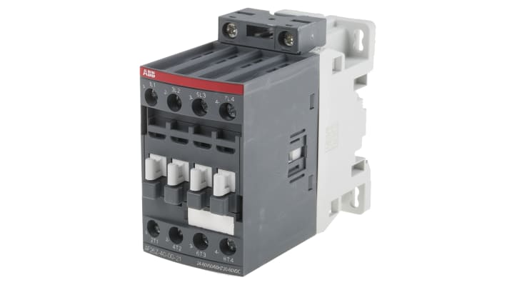 Contattore ABB 1SBL236201R2100 AF, 4 poli, 45 A, bobina 24 V, dimensioni 86x45x101 mm, protezione transitori.