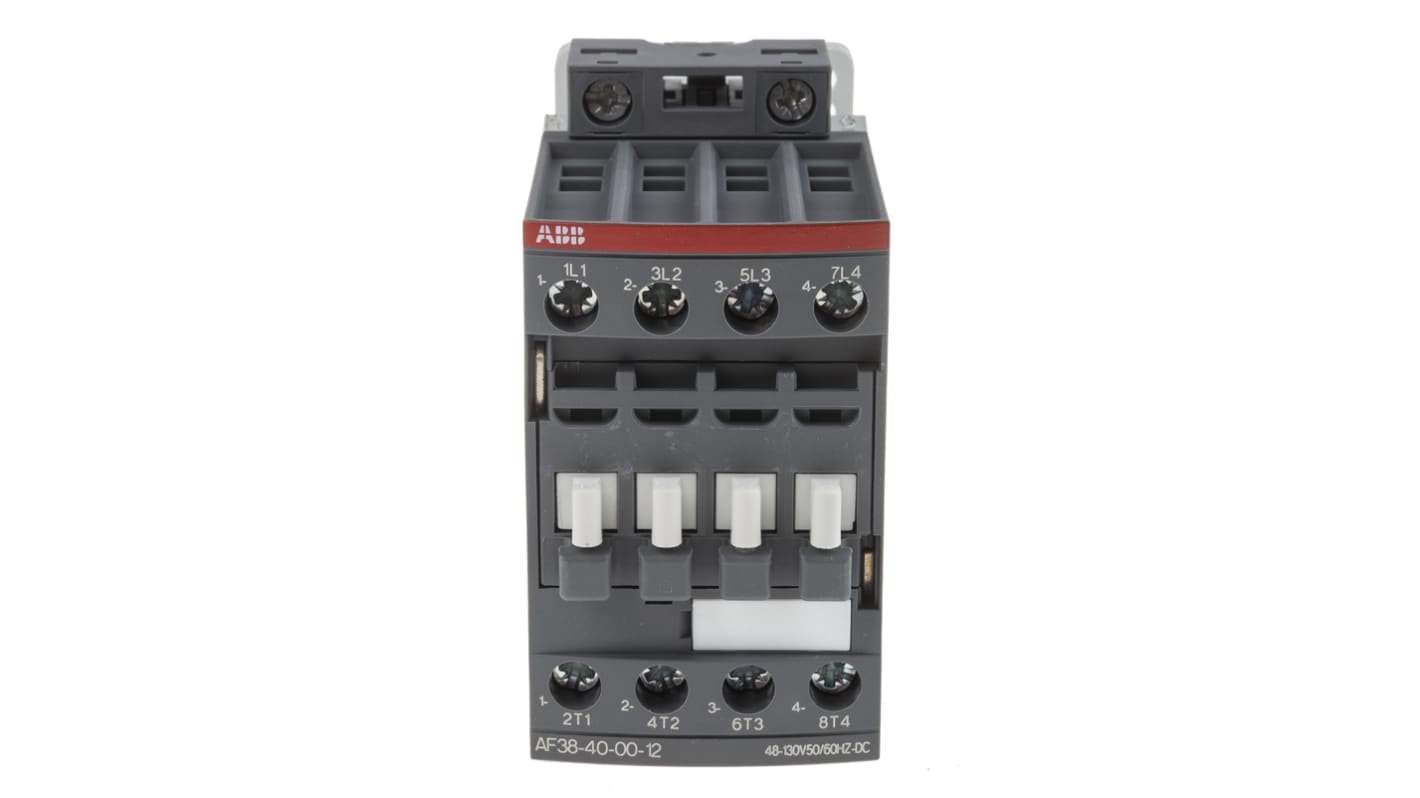 Contattore ABB 1SBL297201R1200 AF38-40-00-12, 4 poli, 55 A, bobina 110 V, dimensioni 45x86x101 mm, protezione transitori.