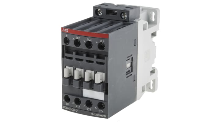 Contattore ABB 1SBL297201R1200 AF38-40-00-12, 4 poli, 55 A, bobina 110 V, dimensioni 45x86x101 mm, protezione transitori.