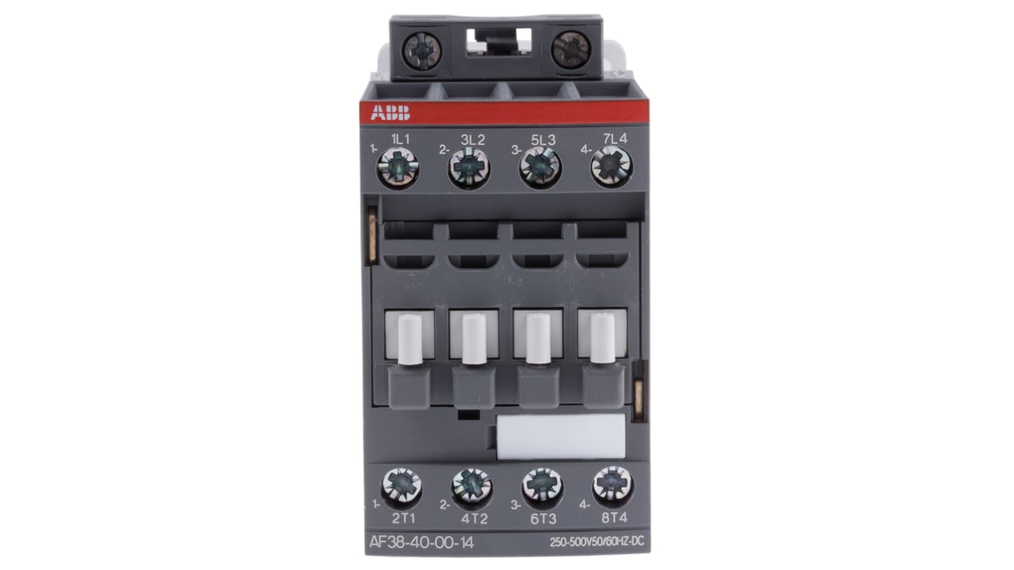 Contattore ABB 1SBL297201R1400 AF38-40-00-14, 4 poli, 55 A, bobina 250-500 V, dimensioni 45x86x101 mm, protezione transitori.