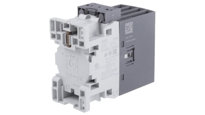 Contattore ABB 1SBL297201R1400 AF38-40-00-14, 4 poli, 55 A, bobina 250-500 V, dimensioni 45x86x101 mm, protezione transitori.