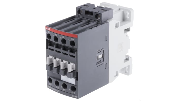 Contattore ABB 1SBL296201R2000 AF38Z-40-00-20, 4 poli, 55 A, bobina 12 V c.c., dimensioni 86x45x101 mm.