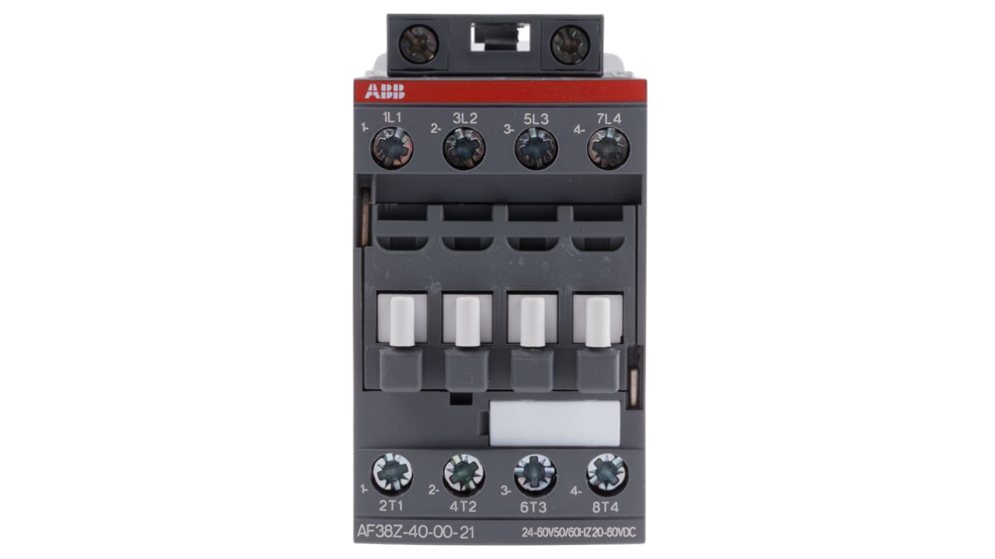 Contattore ABB 1SBL296201R2100 AF38Z-40-00-21, 4 poli, 55 A, bobina 24 V, dimensioni 45x86x101 mm, protezione transitori.