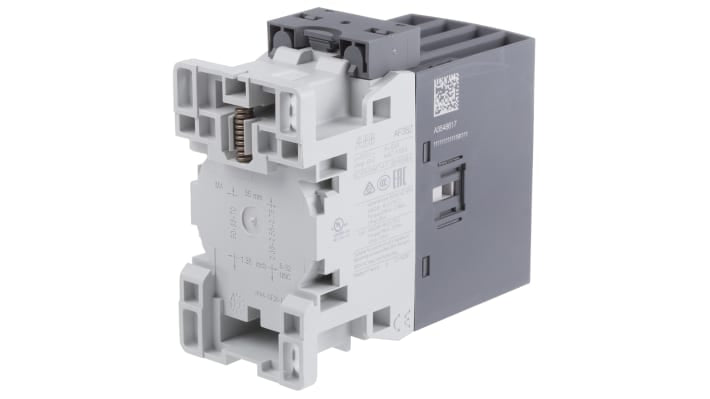 Contattore ABB 1SBL296201R2100 AF38Z-40-00-21, 4 poli, 55 A, bobina 24 V, dimensioni 45x86x101 mm, protezione transitori.