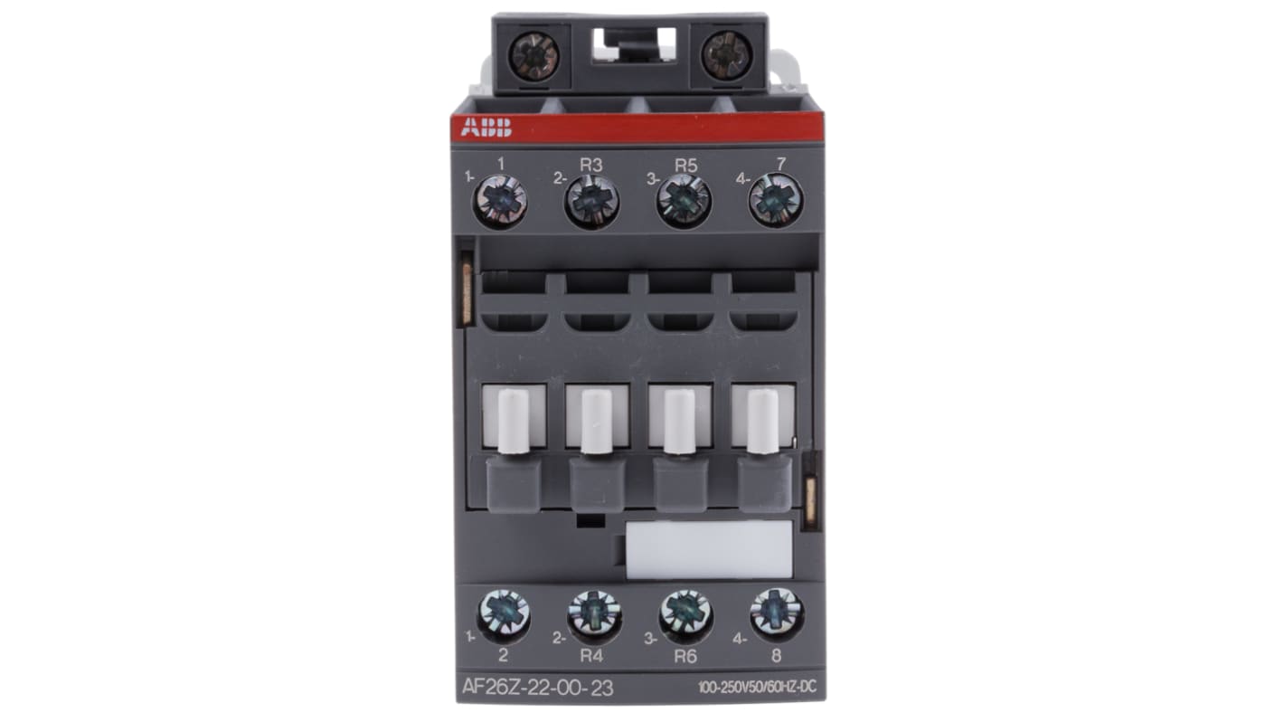 Contattore 4 poli ABB 1SBL236501R2300, 2 NO + 2 NC, 230 V ca, 45 A, dimensioni 86x45x101 mm, protezione transitori.