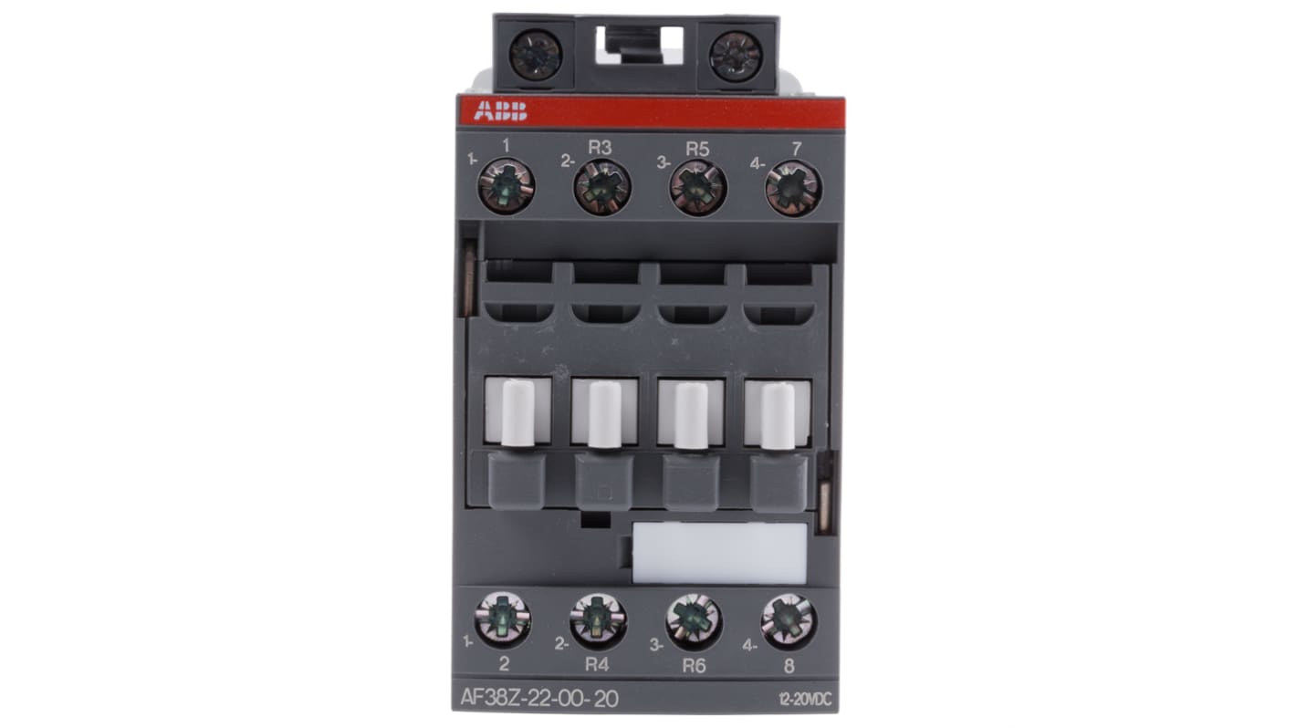Contattore ABB 1SBL296501R2000 AF38Z-22-00, 4 poli, 55 A, bobina 12 V c.c., dimensioni 86x45x101 mm, protezione transitori.
