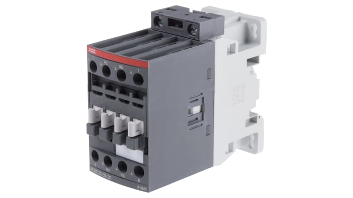 Contattore ABB 1SBL296501R2000 AF38Z-22-00, 4 poli, 55 A, bobina 12 V c.c., dimensioni 86x45x101 mm, protezione transitori.
