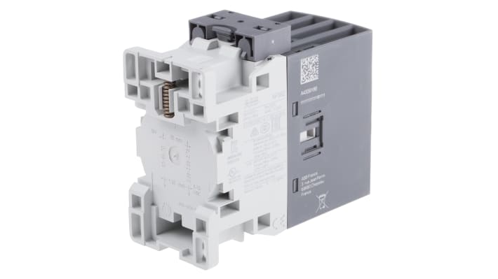 Contattore ABB 1SBL296501R2000 AF38Z-22-00, 4 poli, 55 A, bobina 12 V c.c., dimensioni 86x45x101 mm, protezione transitori.