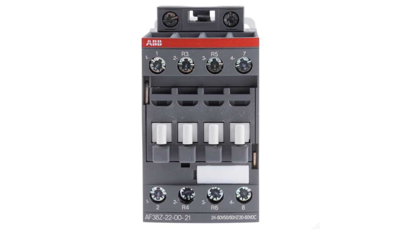Contattore ABB 1SBL296501R2100 AF, 4 poli, 55 A, 24 V, 690 V c.a., dimensioni 45x86x101 mm, protezione transitori.