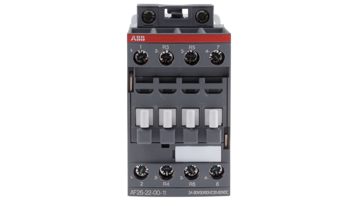 Contattore ABB 1SBL237501R1100 AF, 4 poli, 2 NO + 2 NC, 45 A, bobina 24 V, dimensioni 86x45x101 mm.