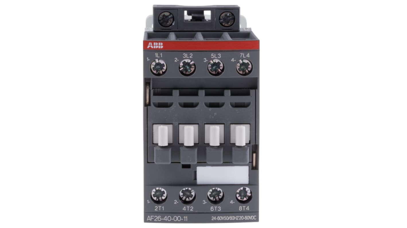 Contattore ABB 1SBL237201R1100 AF, 4 poli, 45 A, bobina 24 V, dimensioni 45x86x101 mm, protezione contro transitori.
