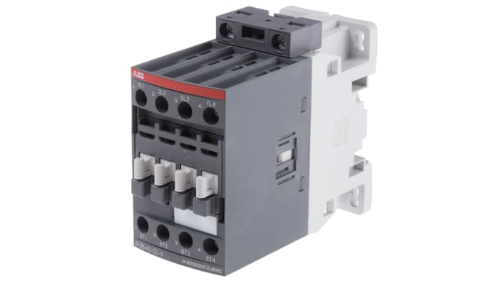 Contattore ABB 1SBL237201R1100 AF, 4 poli, 45 A, bobina 24 V, dimensioni 45x86x101 mm, protezione contro transitori.