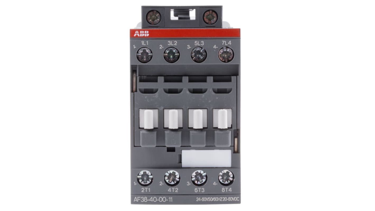 Contattore ABB 1SBL297201R1100 AF 4 poli, 55 A, bobina 24 V, dimensioni 86x45x101 mm, protezione transitori.