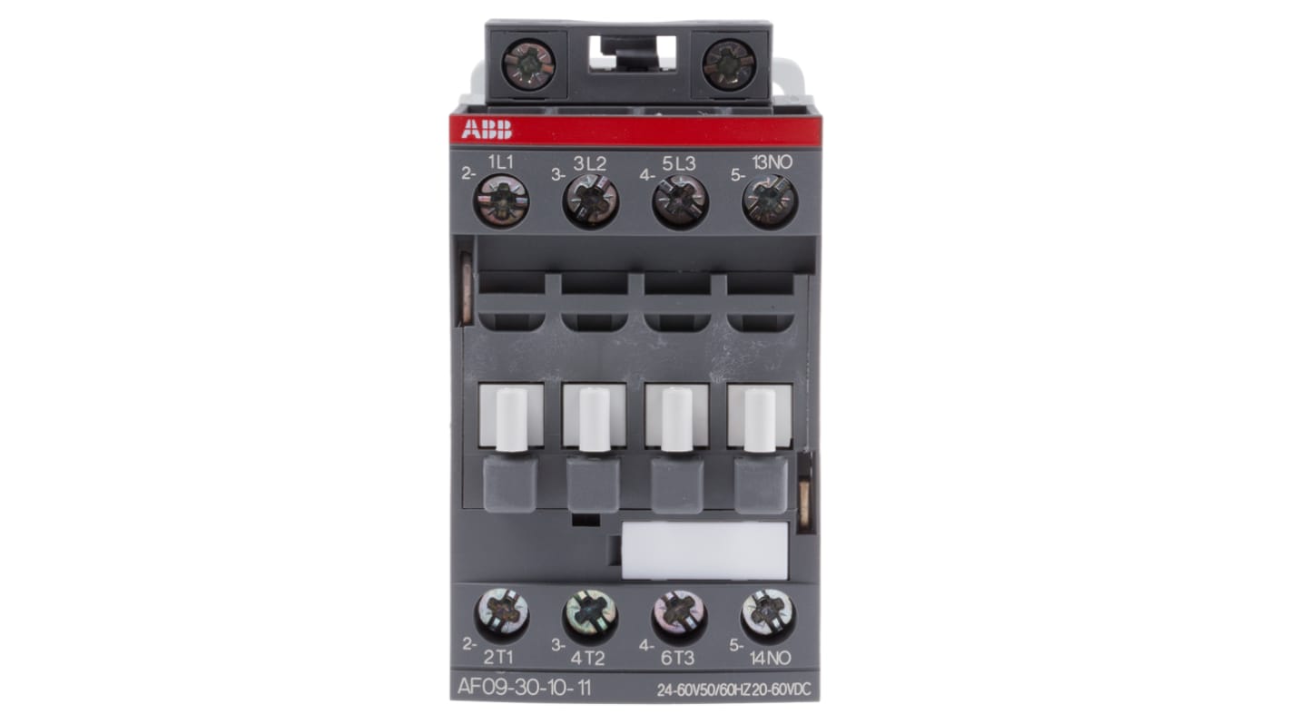 Contattore ABB 1SBL137001R1110 AF09-30-10-11, 3 poli, corrente 25 A, tensione 24 V, dimensioni 86 x 45 x 77 mm.