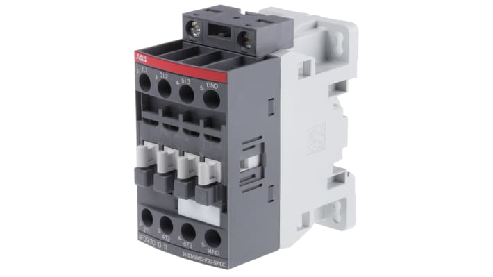 Contattore ABB 1SBL137001R1110 AF09-30-10-11, 3 poli, corrente 25 A, tensione 24 V, dimensioni 86 x 45 x 77 mm.