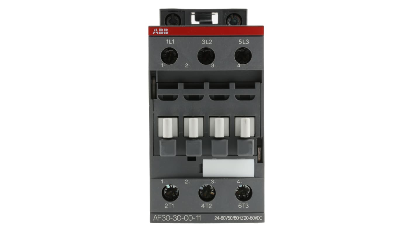 Contattore ABB 1SBL277001R1100 AF30-30-00-11, 3 poli, 50 A, 15 kW, 24 V, dimensioni 86 x 45 x 86 mm, montaggio a vite.