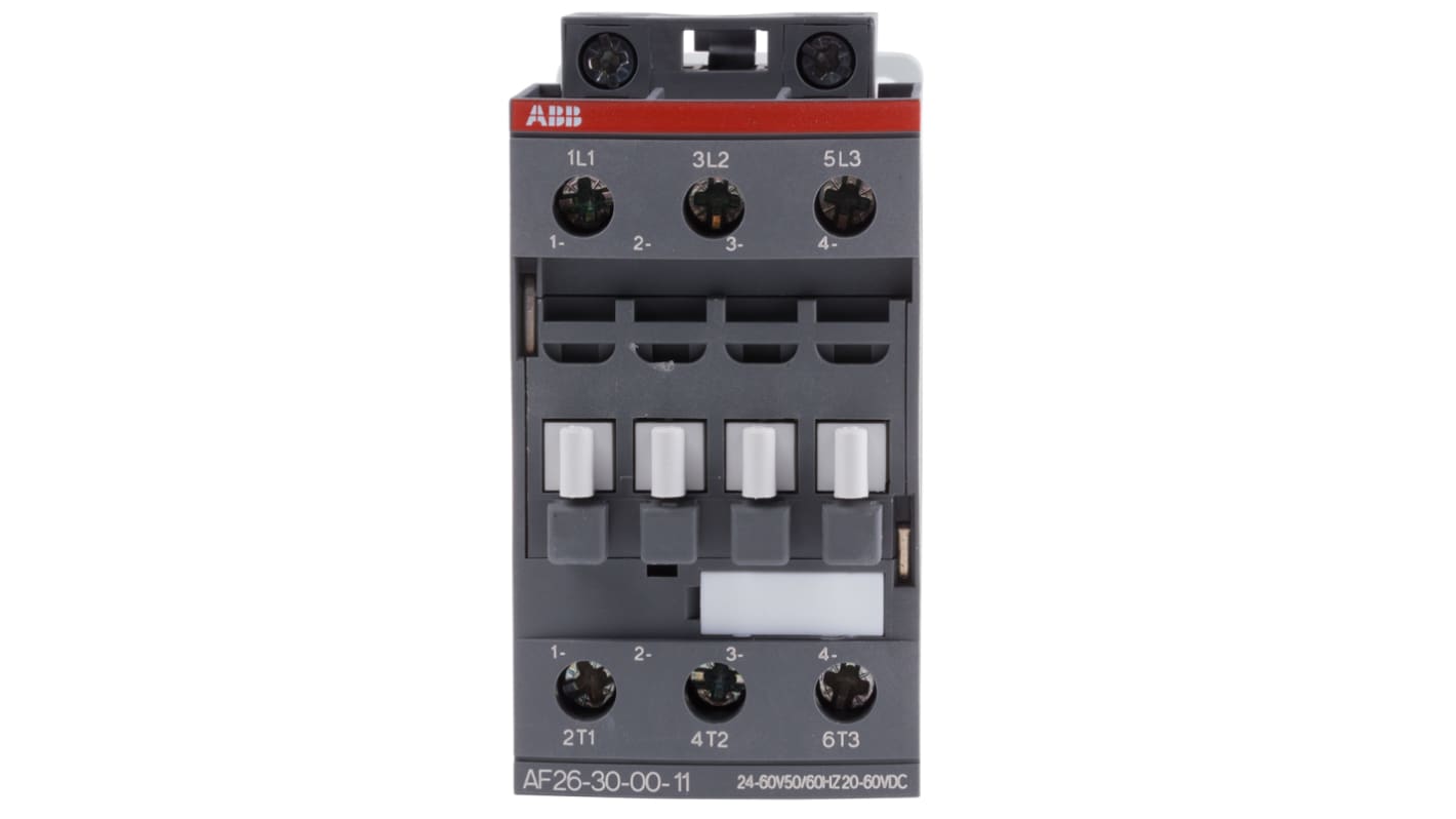 Contattore ABB 1SBL237001R1100 AF26-30-00-11, 3 poli, 3 NA, 45 A, 24 V, montaggio su guida DIN, dimensioni 86 x 45 x 101 mm.