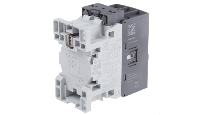 Contattore ABB 1SBL237001R1100 AF26-30-00-11, 3 poli, 3 NA, 45 A, 24 V, montaggio su guida DIN, dimensioni 86 x 45 x 101 mm.