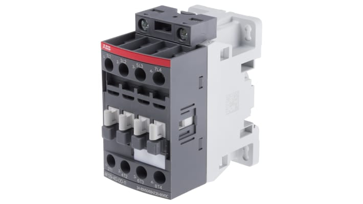 Contattore ABB 1SBL137201R1100 AF09-40-00-11, 4 poli, 25 A, bobina 24 V, montaggio su guida DIN, dimensioni 86x45x77 mm.