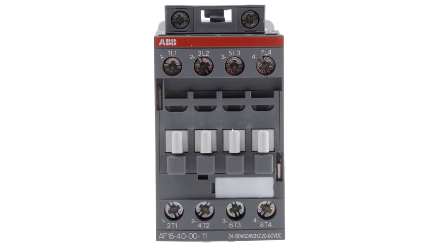 Contattore ABB 1SBL177201R1100 AF, 4 poli, 30 A, bobina 24 V, dimensioni 45x86x77 mm, protezione transitori.