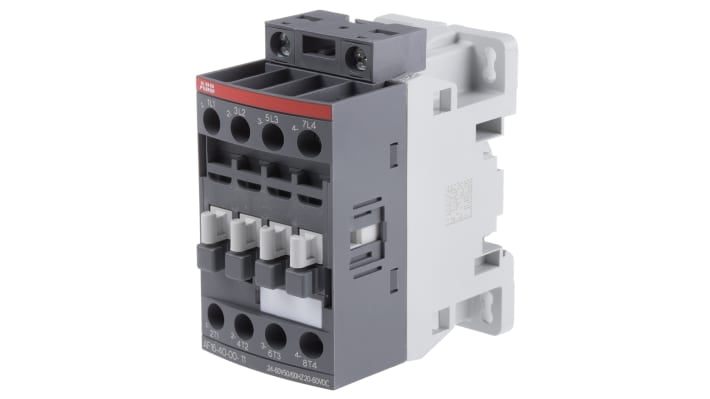 Contattore ABB 1SBL177201R1100 AF, 4 poli, 30 A, bobina 24 V, dimensioni 45x86x77 mm, protezione transitori.