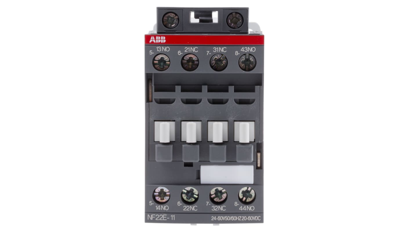 Contattore ABB 1SBH137001R1122 NF22E-11, 4 poli, 2 NO + 2 NC, 6 A, bobina 24 V, dimensioni 45x86x77 mm.