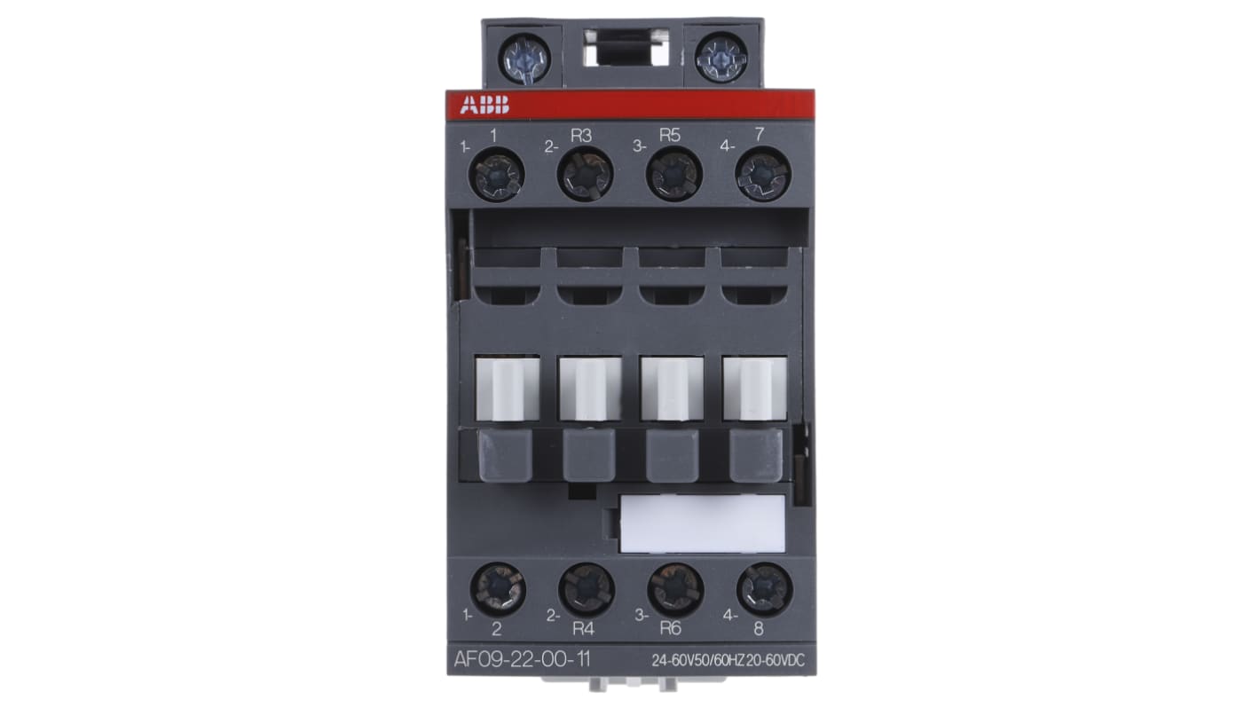Contattore ABB 1SBL137501R1100 AF 4 poli, 2 NO + 2 NC, 25 A, bobina 24 V, dimensioni 45x86x77 mm.