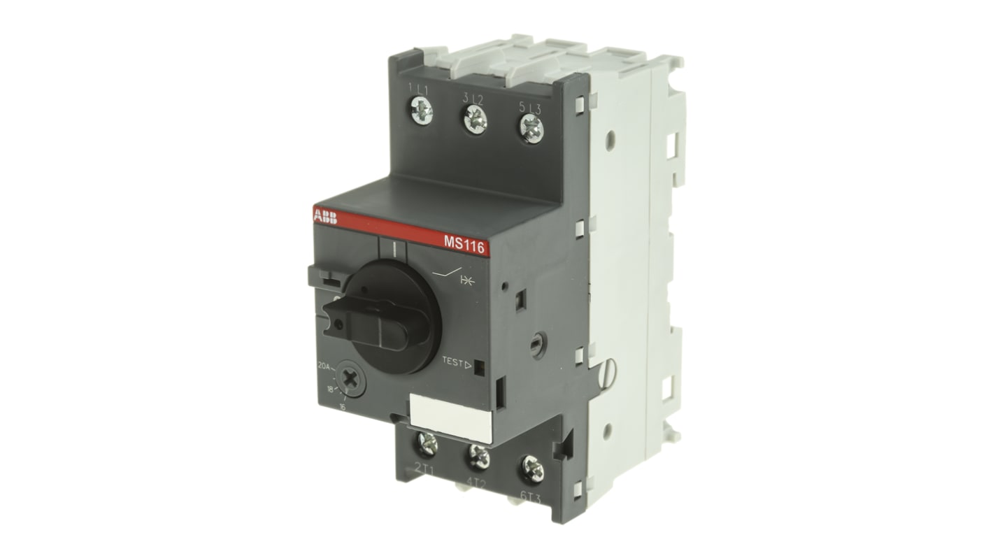 Interruttore automatico motore ABB 1SAM250000R1013 MS116-20, 3 poli, 16-20 A, dimensioni 85,4 x 45 x 97,8 mm, grado di protezione IP20.