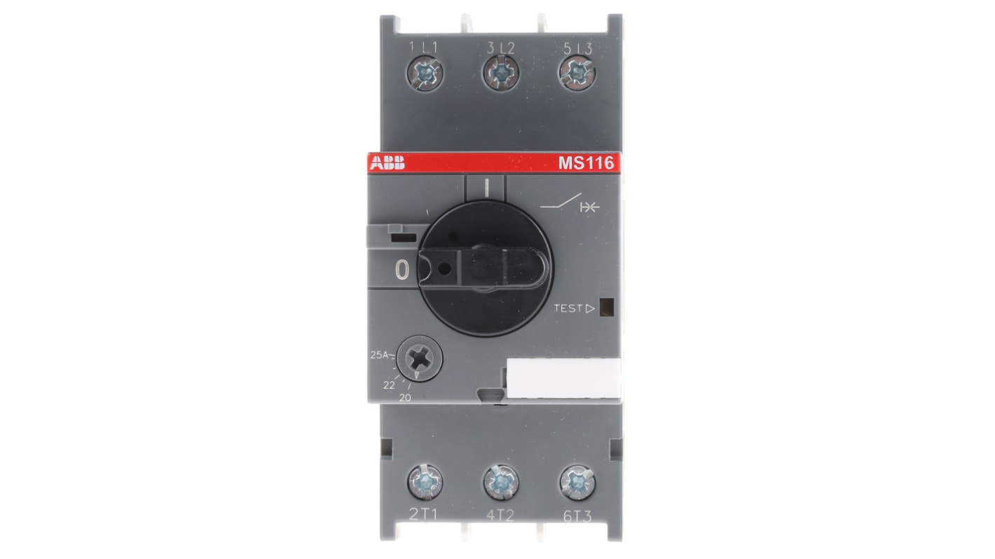 Interruttore automatico motore ABB 1SAM250000R1014 MS116-25, 3 poli, 20-25 A, 690 V, dimensioni 45x97,8x86,6 mm.
