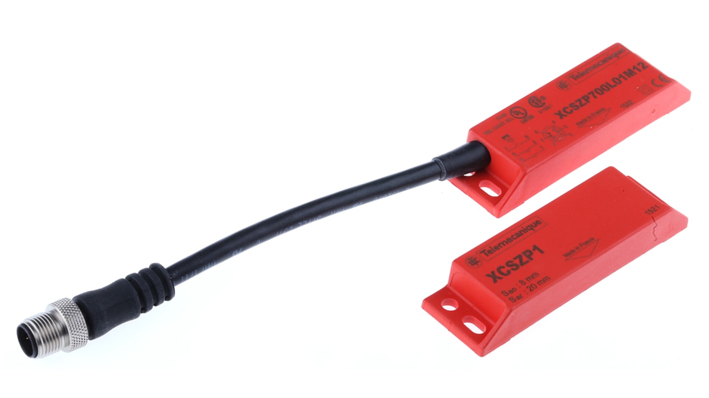 Interruttore di sicurezza magnetico codificato Telemecanique Sensors XCSDMP700L01M12, 24V cc, IP67, per macchine industriali. Ideale per monitorare porte e coperture, con distanza di commutazione di 8 mm.