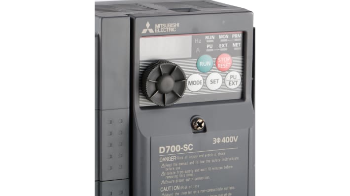 Inverter trifase Mitsubishi Electric FR-D740-022SC-EC, potenza 0,75 kW, dimensioni 128x129,5x108 mm, interfaccia ModBus, grado di protezione IP20.