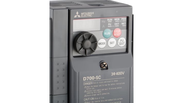 Inverter trifase Mitsubishi Electric FR-D740-080SC-EC, potenza 3,7 kW, dimensioni 128x165.5x108 mm, interfaccia ModBus, grado di protezione IP20.