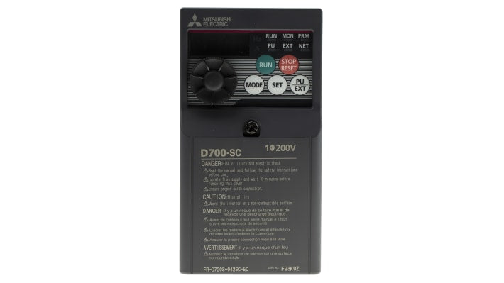 Mitsubishi Electric FR-D720S-042SC-EC, inverter monofase 0,75 kW, 230 V, dimensioni 128x68x162,5 mm, interfaccia RS485.