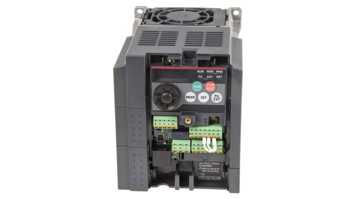 Inverter Mitsubishi Electric FR-D720S-070SC-EC, monofase 1,5 kW, 230 V, controllo vettoriale, dimensioni 128x108x155 mm.