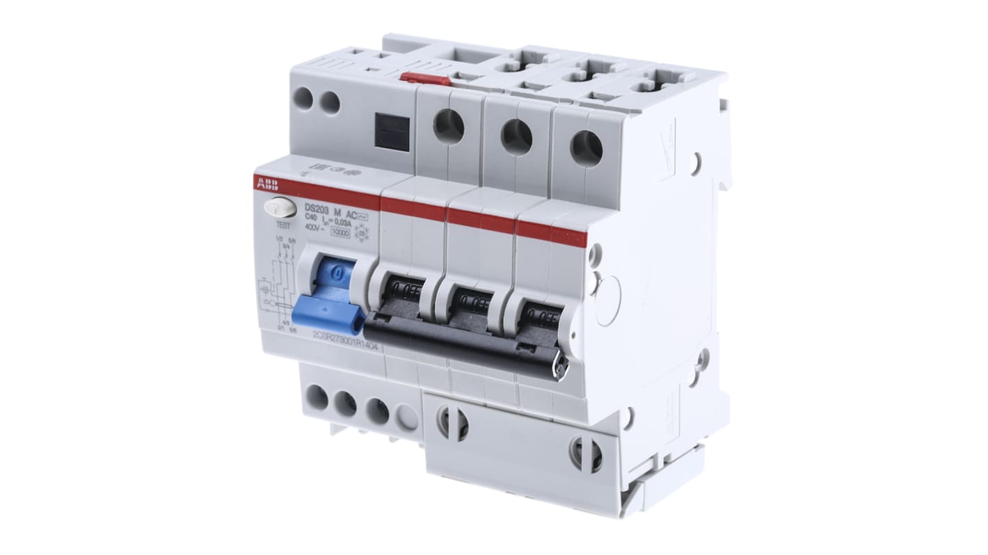 Interruttore differenziale ABB 3 poli RCBO 40A, montaggio su guida DIN, dimensioni 87 x 93 x 69 mm, sensibilità 30 mA.