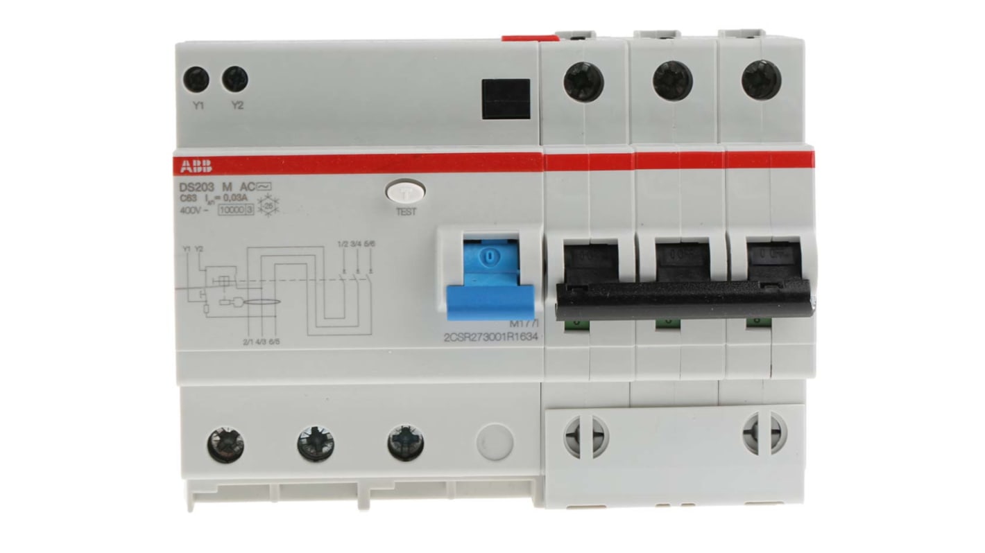 Interruttore differenziale 3 poli ABB, 63A, sensibilità 30mA, montaggio su guida DIN, gamma System Pro M Compact.